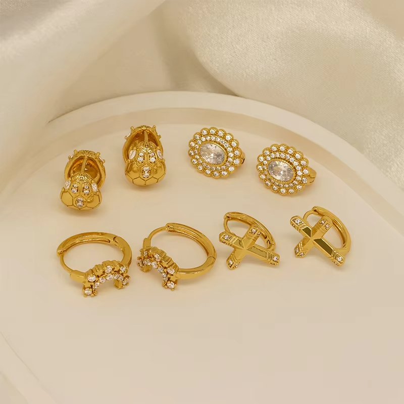 Trendy Gold Plated Cross Snake Shape Brass Jewelry Hoop Earrings With Zircon