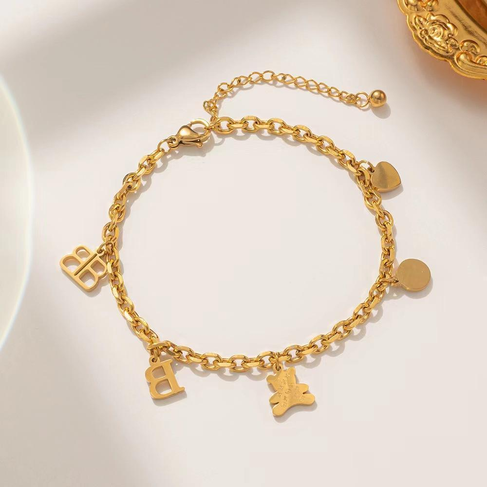 Trendy Gold Plated Stainless Steel Charm Bracelet for Women with Letter Heart Bear Pendants - Adjustable Chain Jewelry Gift
