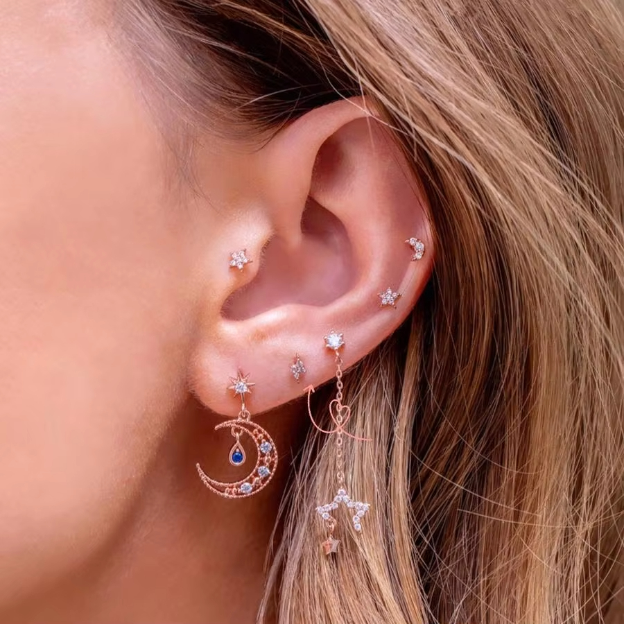 Trendy Hot Selling Latest Fashion Stud Earring Gold Plated Creative Dangle Moon Elegant Zircon Earring