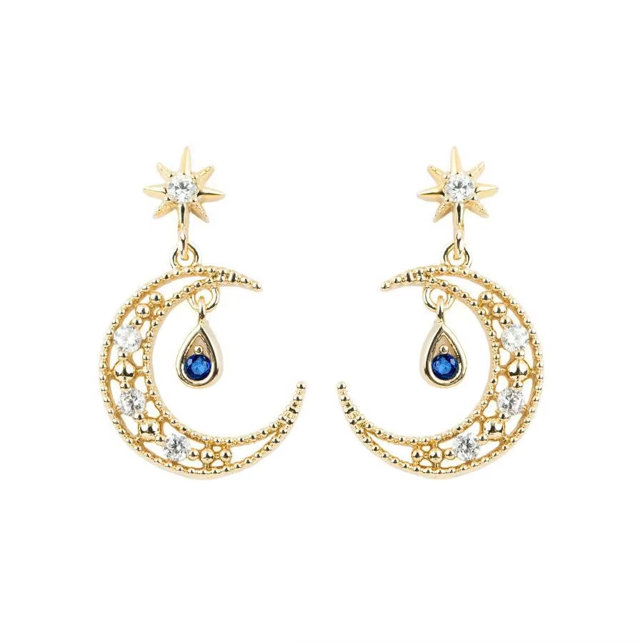 Trendy Hot Selling Latest Fashion Stud Earring Gold Plated Creative Dangle Moon Elegant Zircon Earring