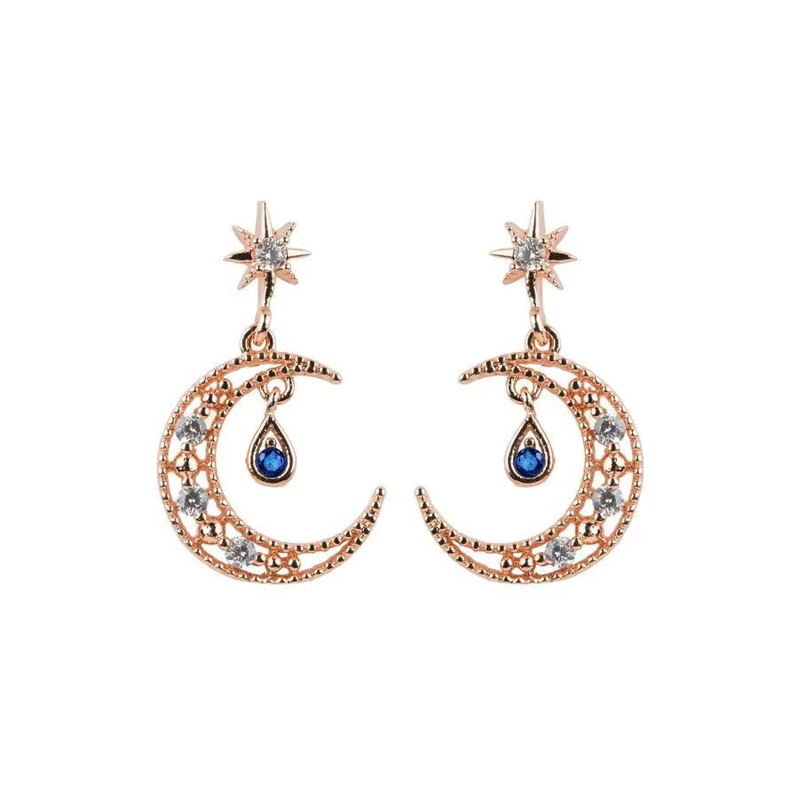Trendy Hot Selling Latest Fashion Stud Earring Gold Plated Creative Dangle Moon Elegant Zircon Earring