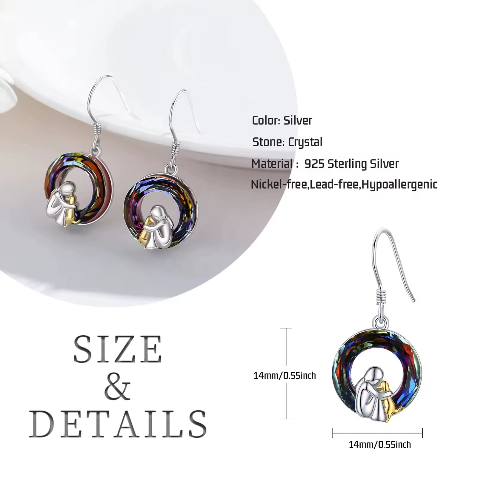 Trendy Jewelry 925 Sterling Silver Two Tone Plated Cute Dog and Girl Crystal Circle Hook Earrings