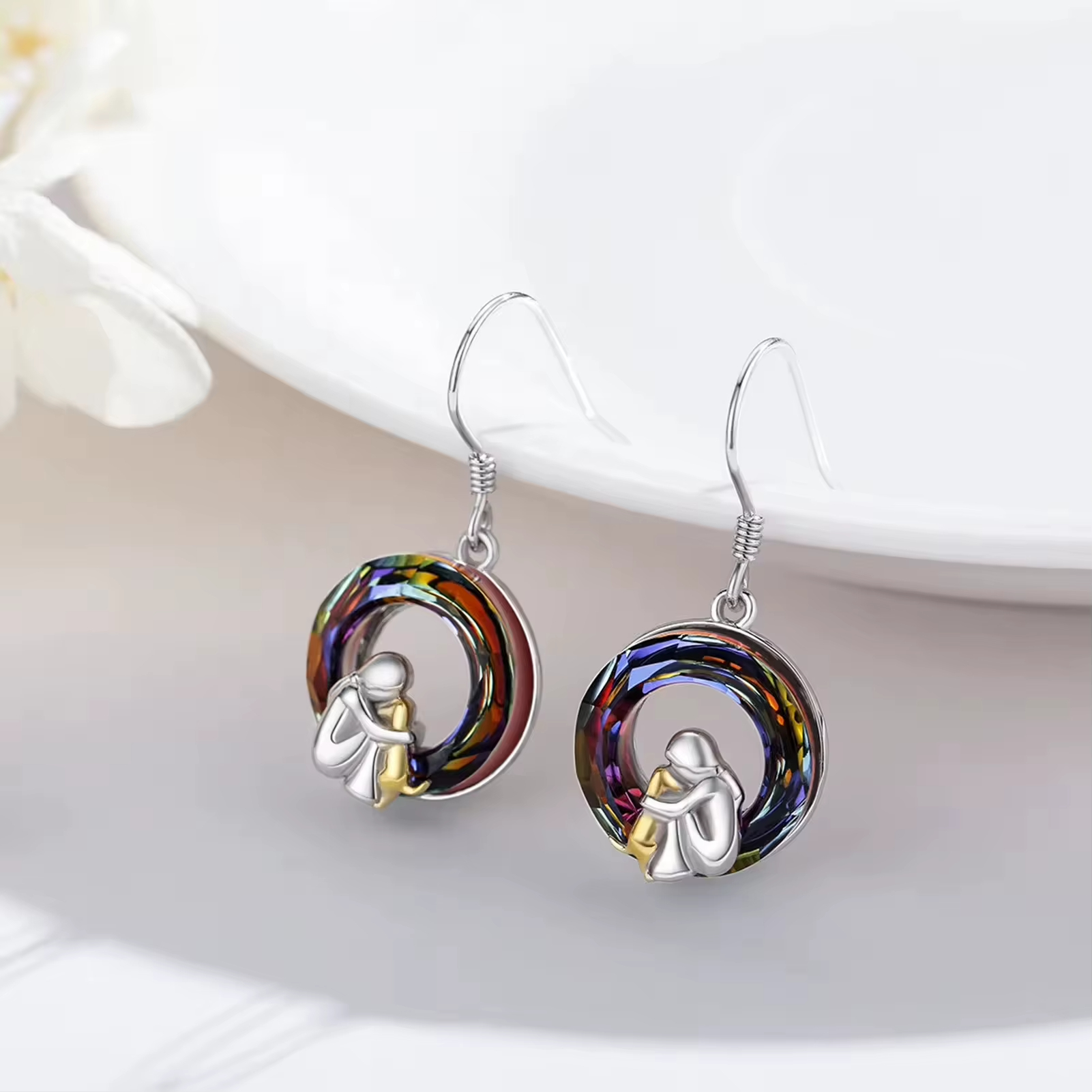 Trendy Jewelry 925 Sterling Silver Two Tone Plated Cute Dog and Girl Crystal Circle Hook Earrings