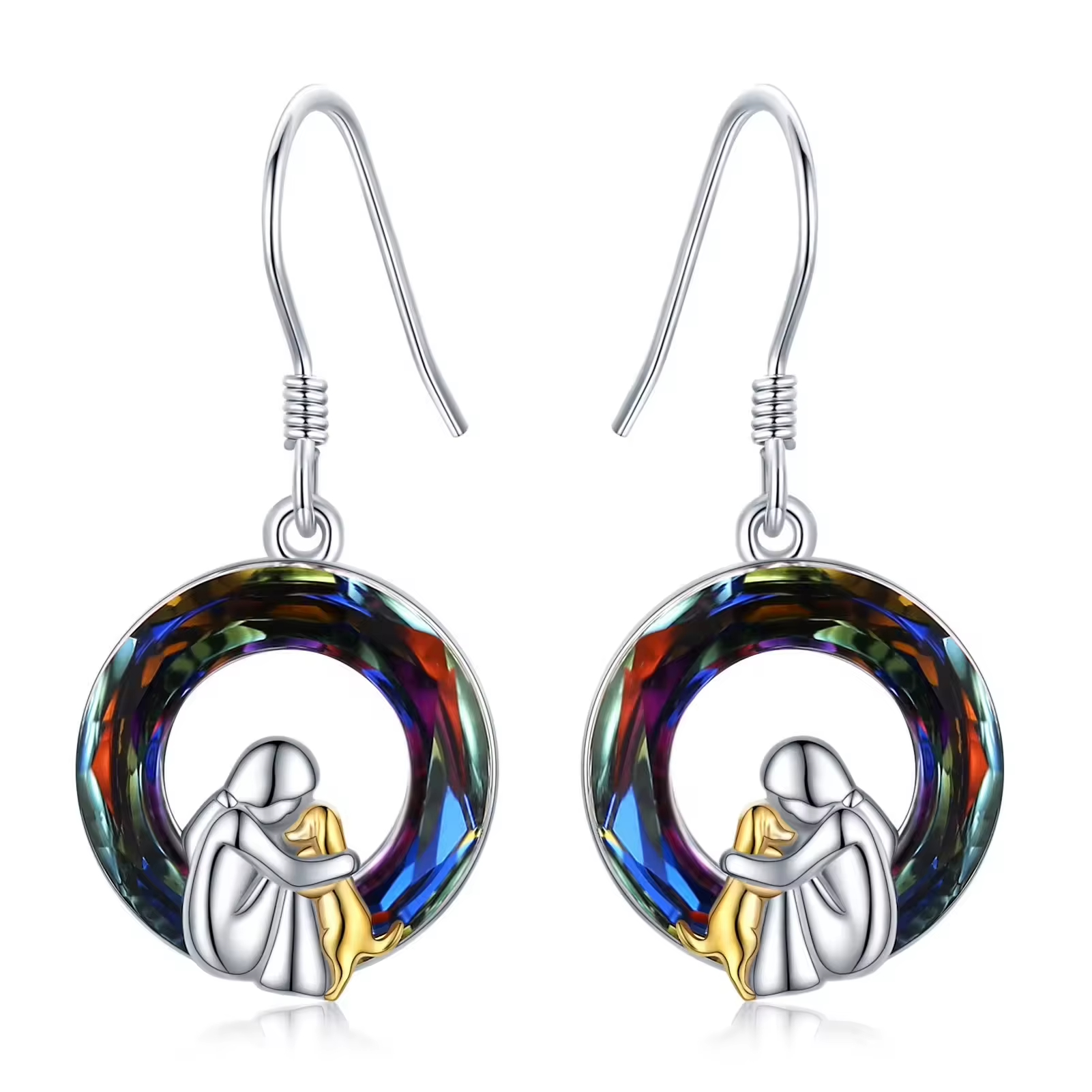 Trendy Jewelry 925 Sterling Silver Two Tone Plated Cute Dog and Girl Crystal Circle Hook Earrings