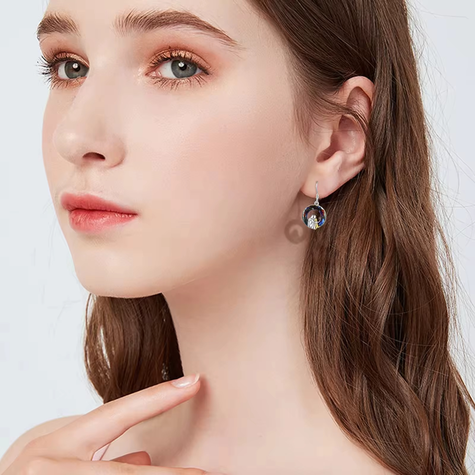 Trendy Jewelry 925 Sterling Silver Two Tone Plated Cute Dog and Girl Crystal Circle Hook Earrings