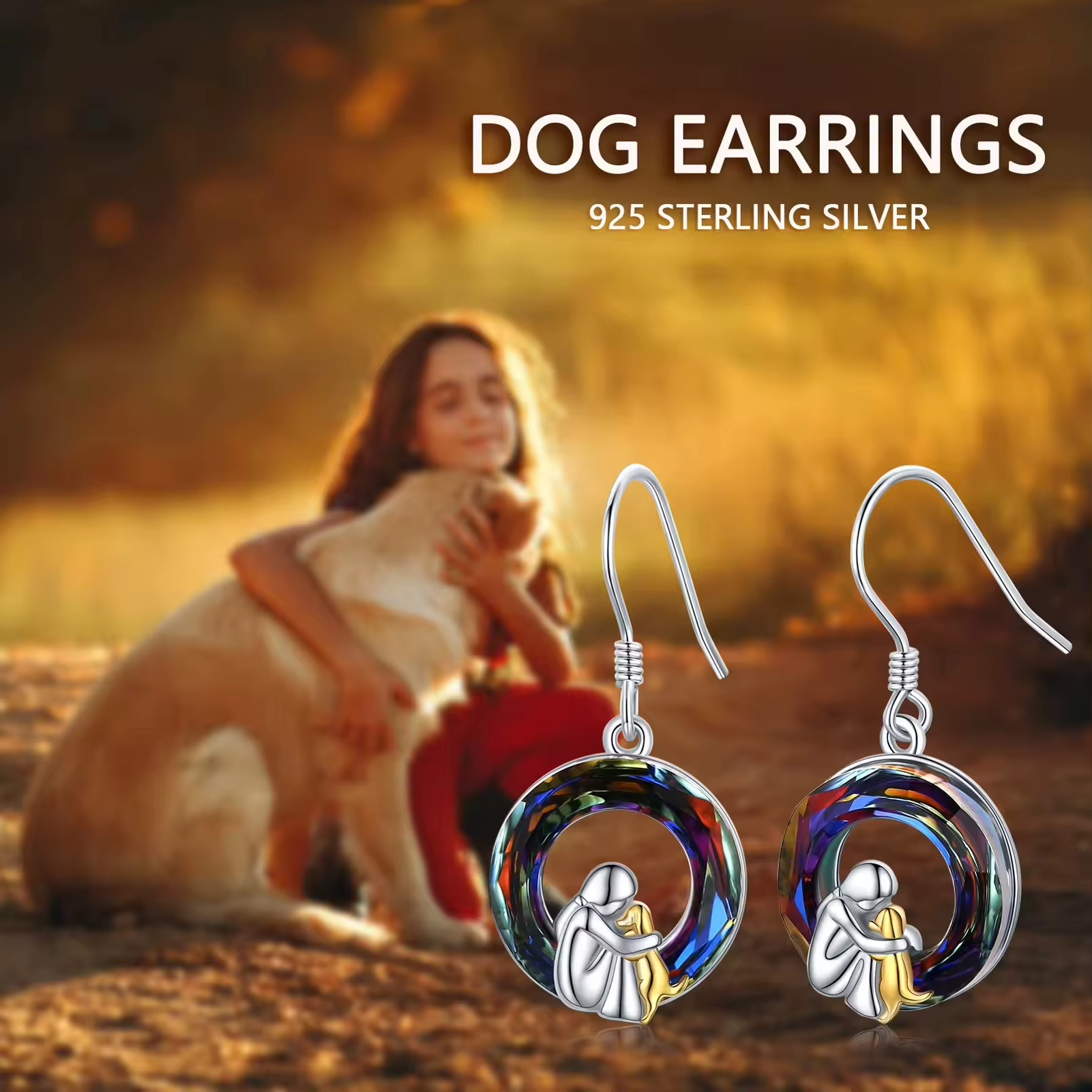 Trendy Jewelry 925 Sterling Silver Two Tone Plated Cute Dog and Girl Crystal Circle Hook Earrings