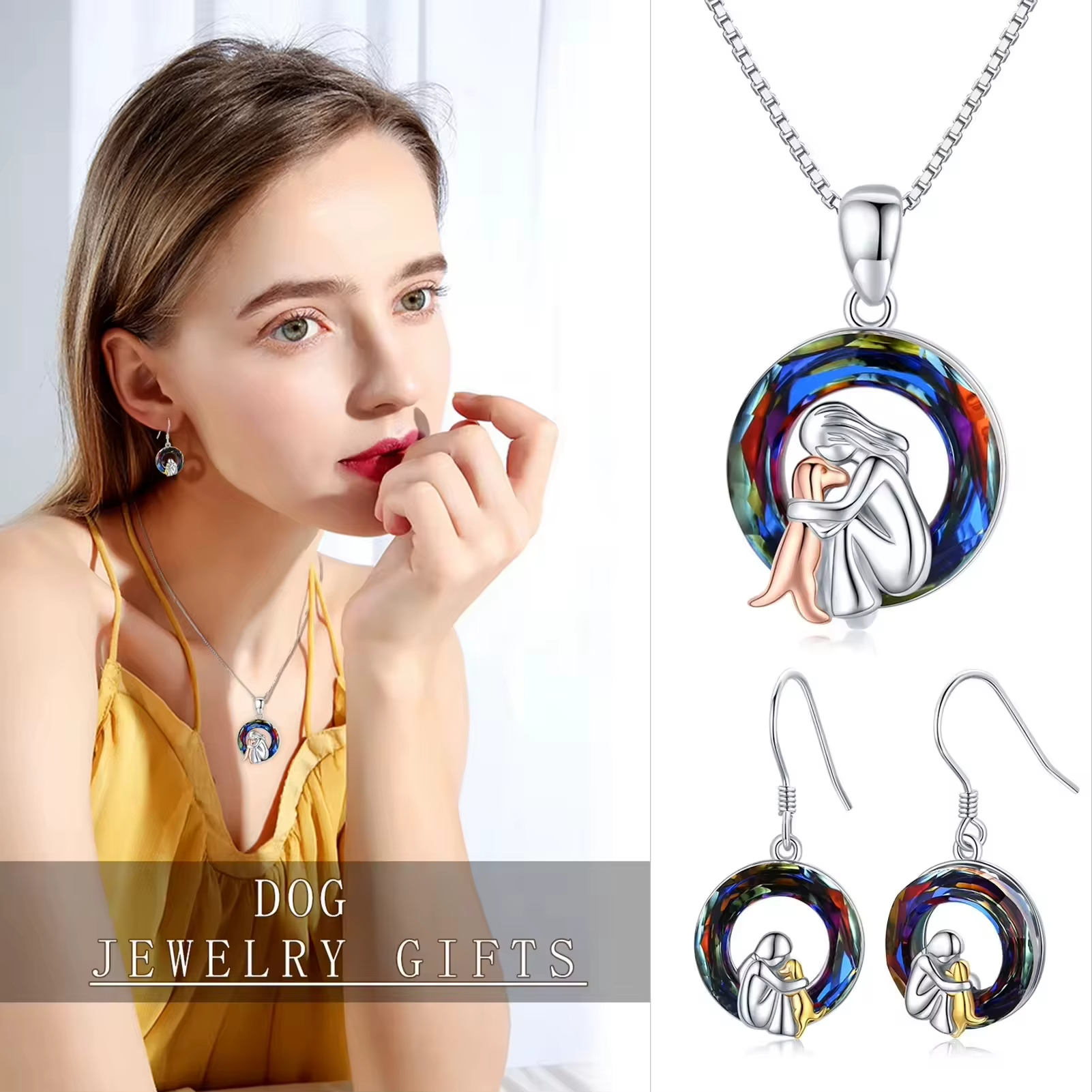 Trendy Jewelry 925 Sterling Silver Two Tone Plated Cute Dog and Girl Crystal Circle Hook Earrings