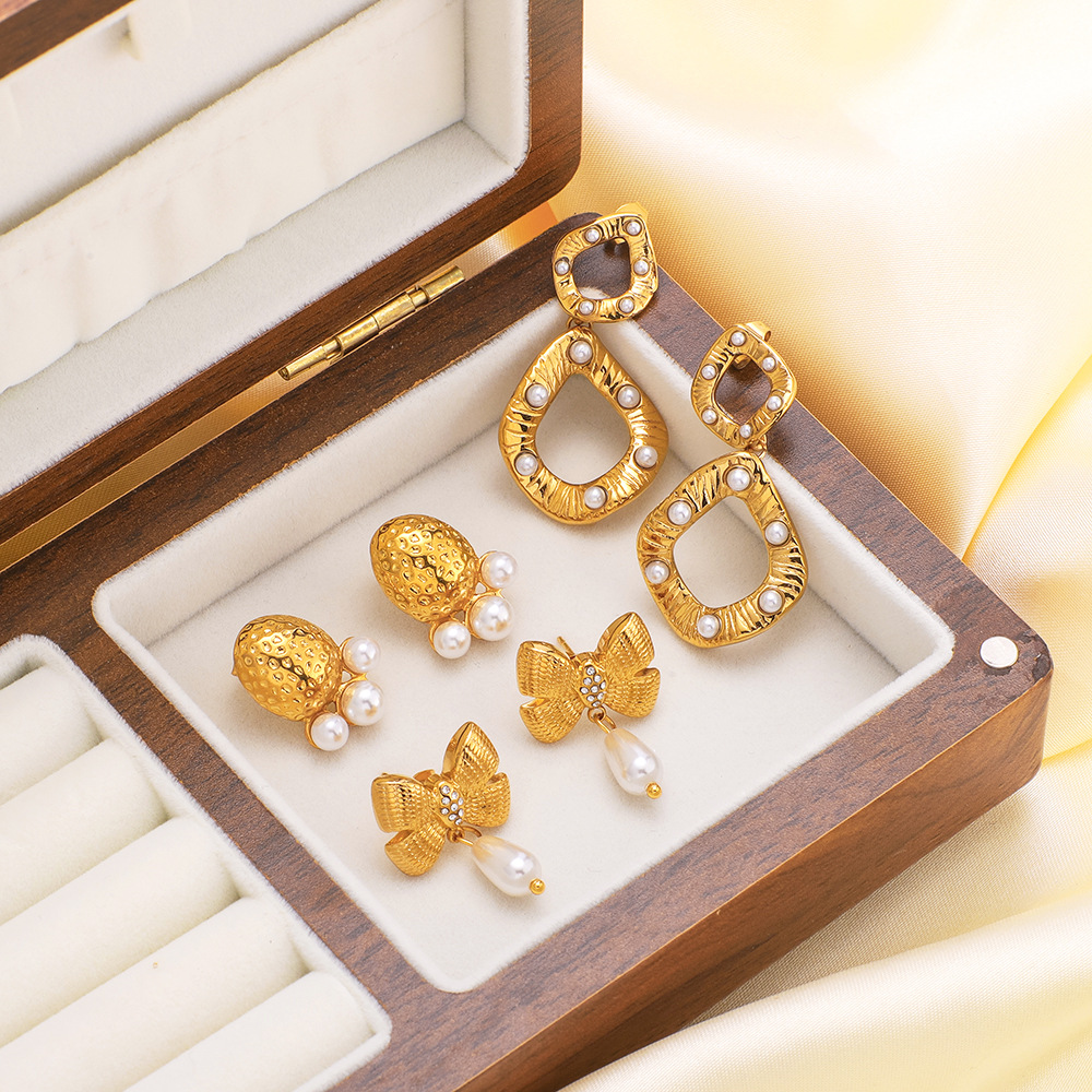 Trendy Party Gift Bow Stud Earrings Zircon Pearl Luxury Stainless Steel 18k Gold Plated Geometric Diamond Earrings