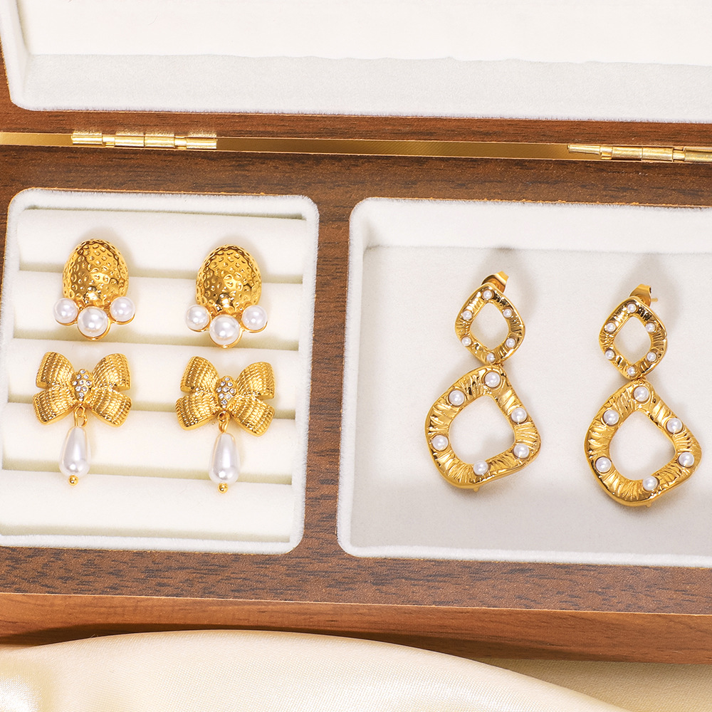Trendy Party Gift Bow Stud Earrings Zircon Pearl Luxury Stainless Steel 18k Gold Plated Geometric Diamond Earrings