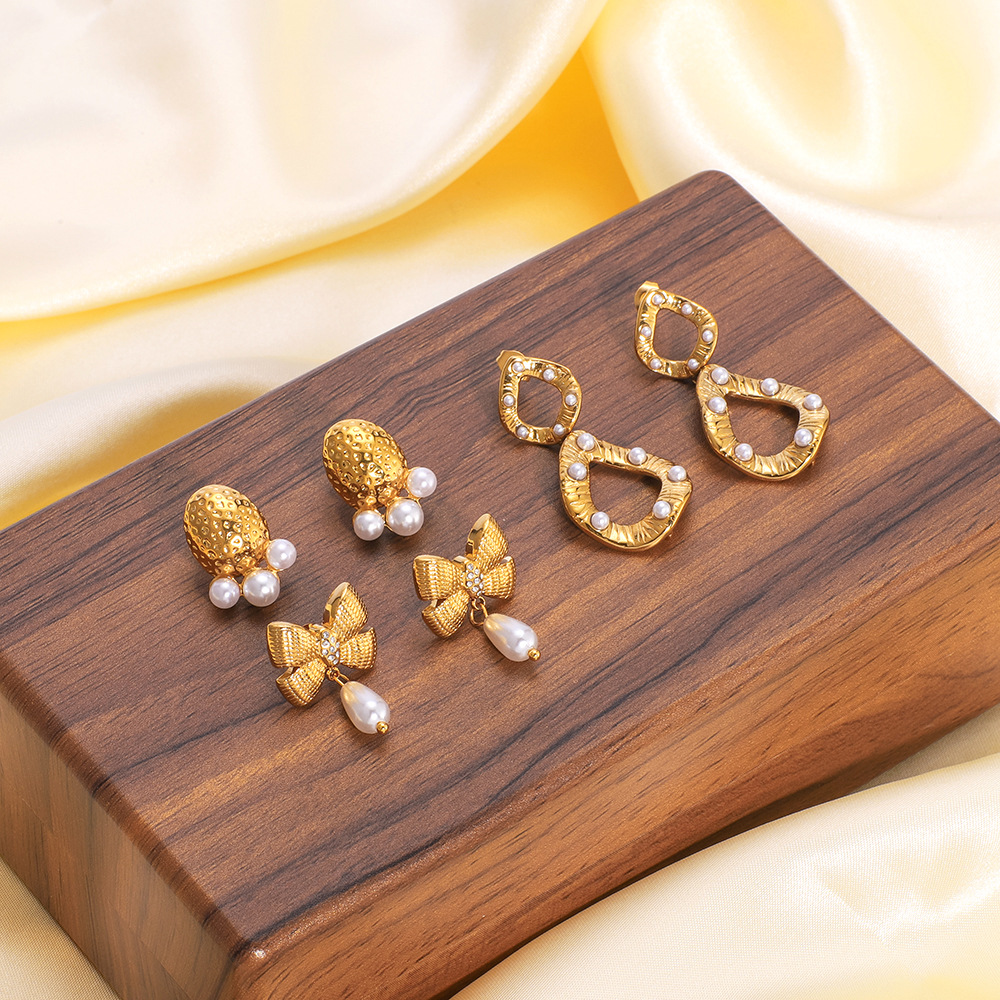 Trendy Party Gift Bow Stud Earrings Zircon Pearl Luxury Stainless Steel 18k Gold Plated Geometric Diamond Earrings