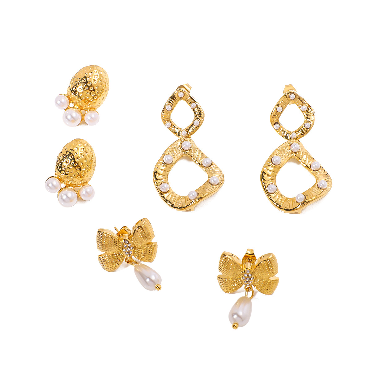 Trendy Party Gift Bow Stud Earrings Zircon Pearl Luxury Stainless Steel 18k Gold Plated Geometric Diamond Earrings