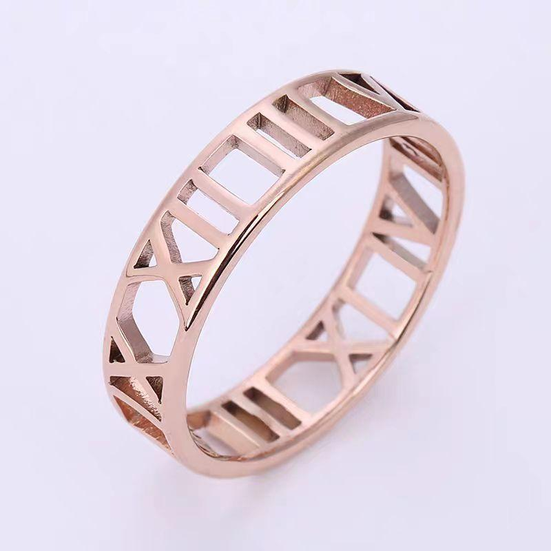 Trendy Roman Numeral Cutout Stainless Steel Ring – Vintage 18K Gold Plated Hollow Band Ring for Women
