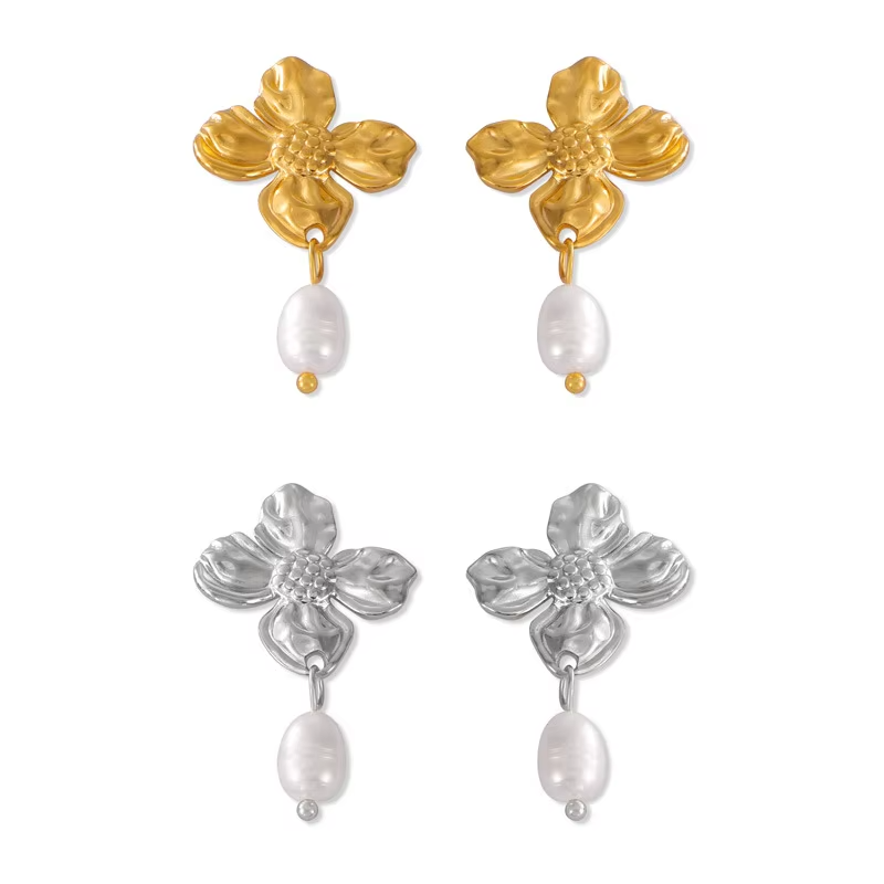 Trendy Stainless Steel Earrings Geometric Stud Earrings Freshwater Pearl Fashion Earrings for Women Elegant Floral Statement Jewelry