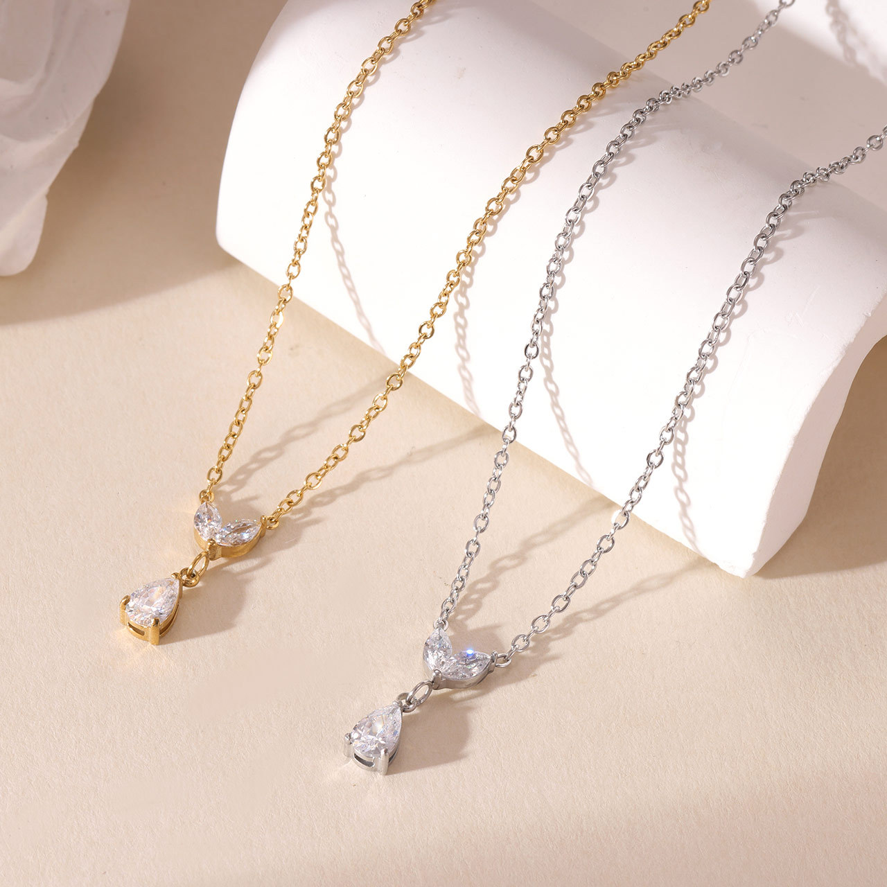Trendy Stainless Steel Women's Necklace with Marquise and Pear Zircon Stones