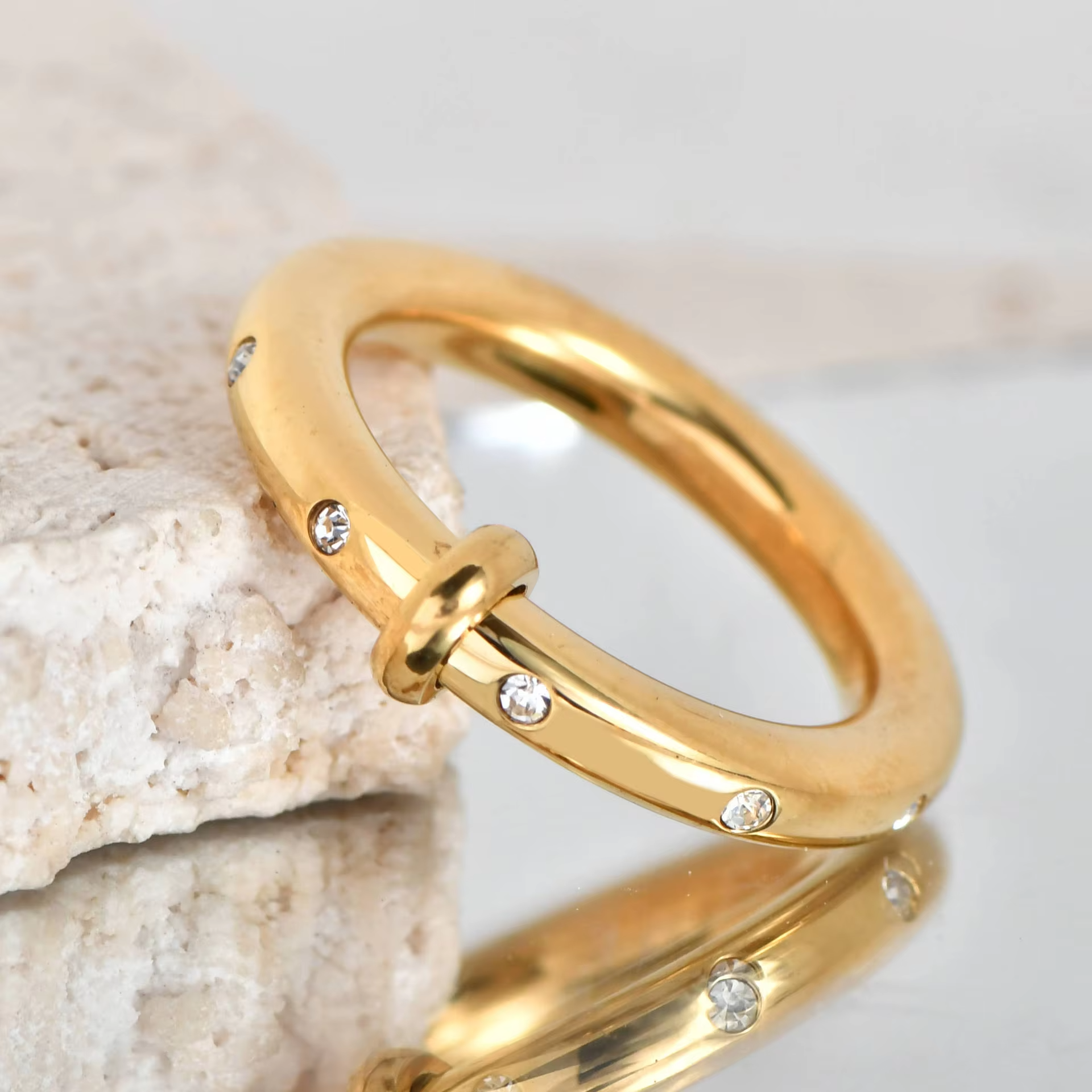 Trendy Titanium Steel Rhinestone Ring – Geometric Gold Plated Hand Jewelry