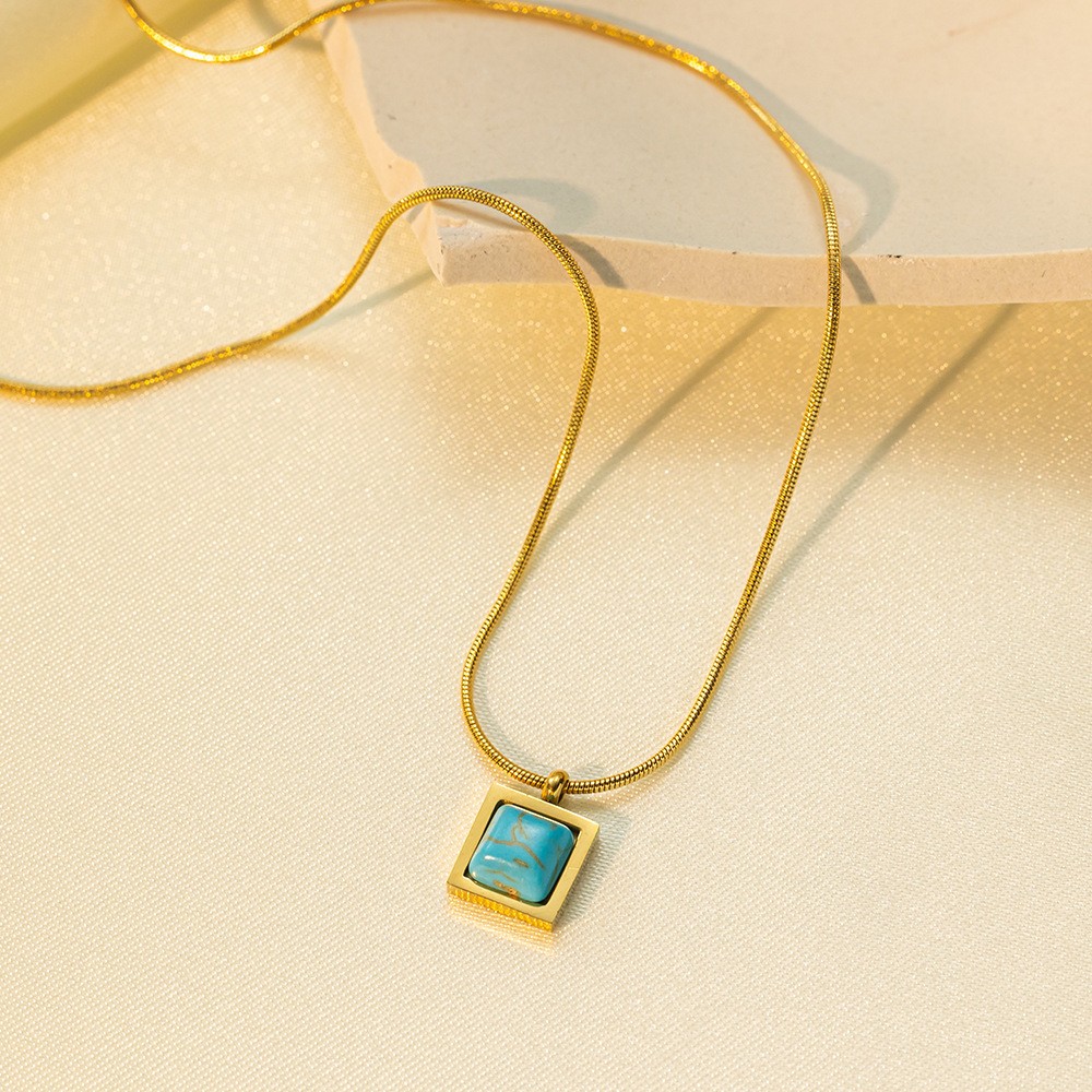Minimalist Turquoise Square Pendant Necklace in Gold Titanium Steel