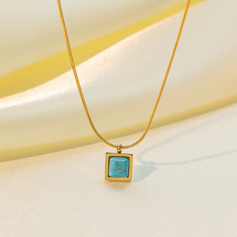 Minimalist Turquoise Square Pendant Necklace in Gold Titanium Steel