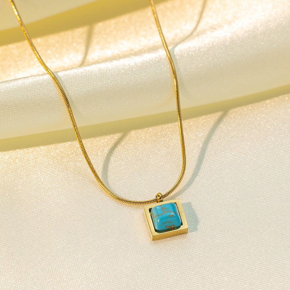 Minimalist Turquoise Square Pendant Necklace in Gold Titanium Steel