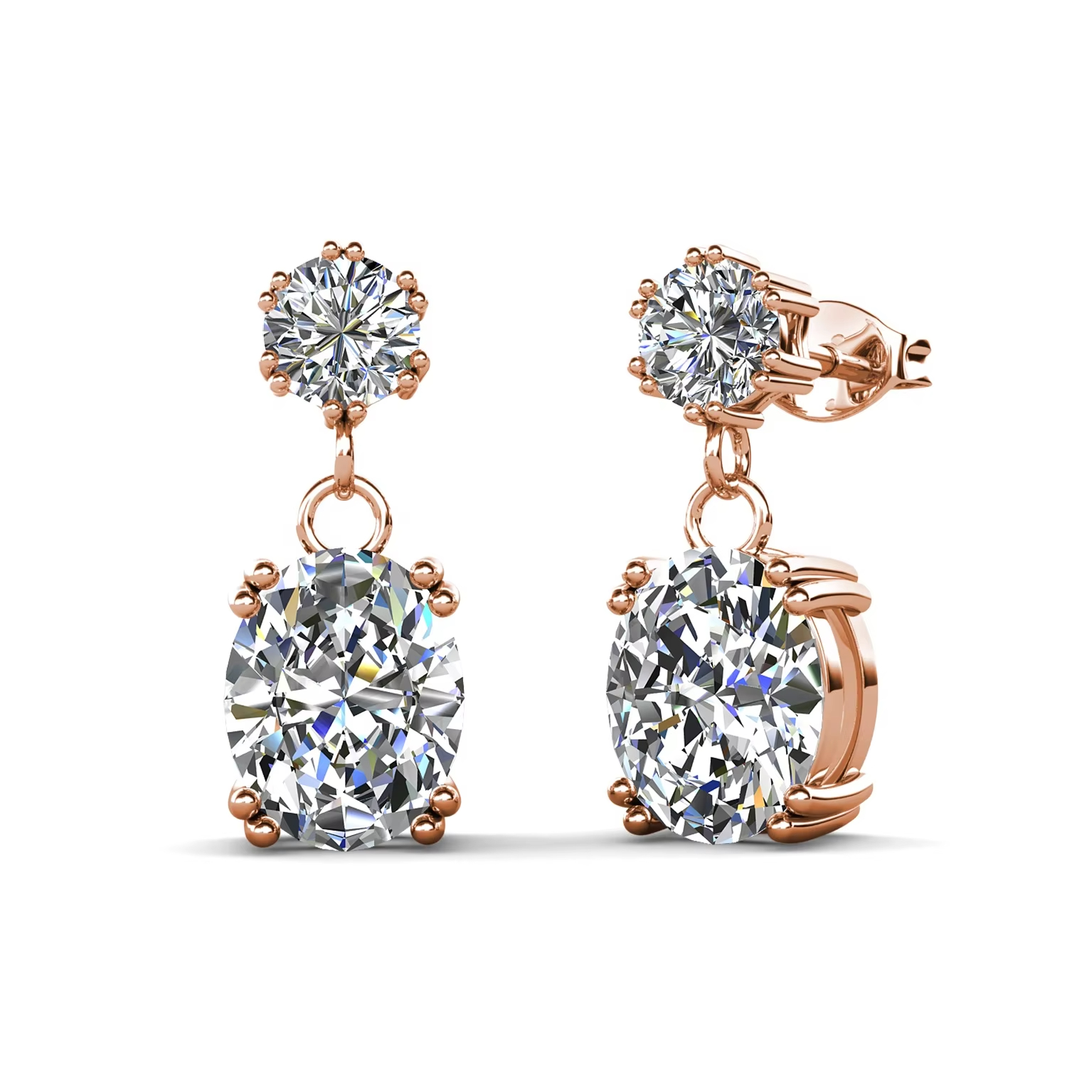 Two Stone Dangle Drop Oval Cut Earrings Embellished with Swarovski Crystals Wedding Bridal 18K Gold Plated Jewelry