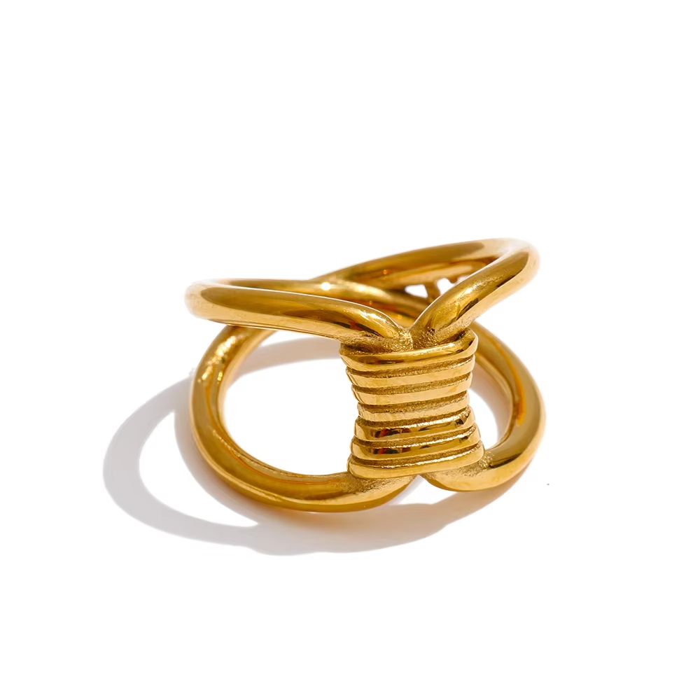 Unique 18K Gold Plated Stainless Steel Finger Ring – Twined Design with Hollow Double Layered Style