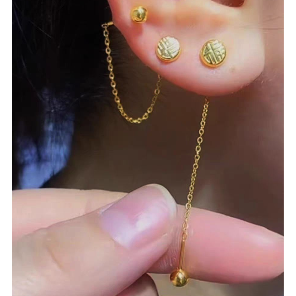 Unique Multi-Piercing Chain Earrings with Gold Balls and Coin Accents – Stylish Ear Link Chain Jewelry for Bold and Layered Looks