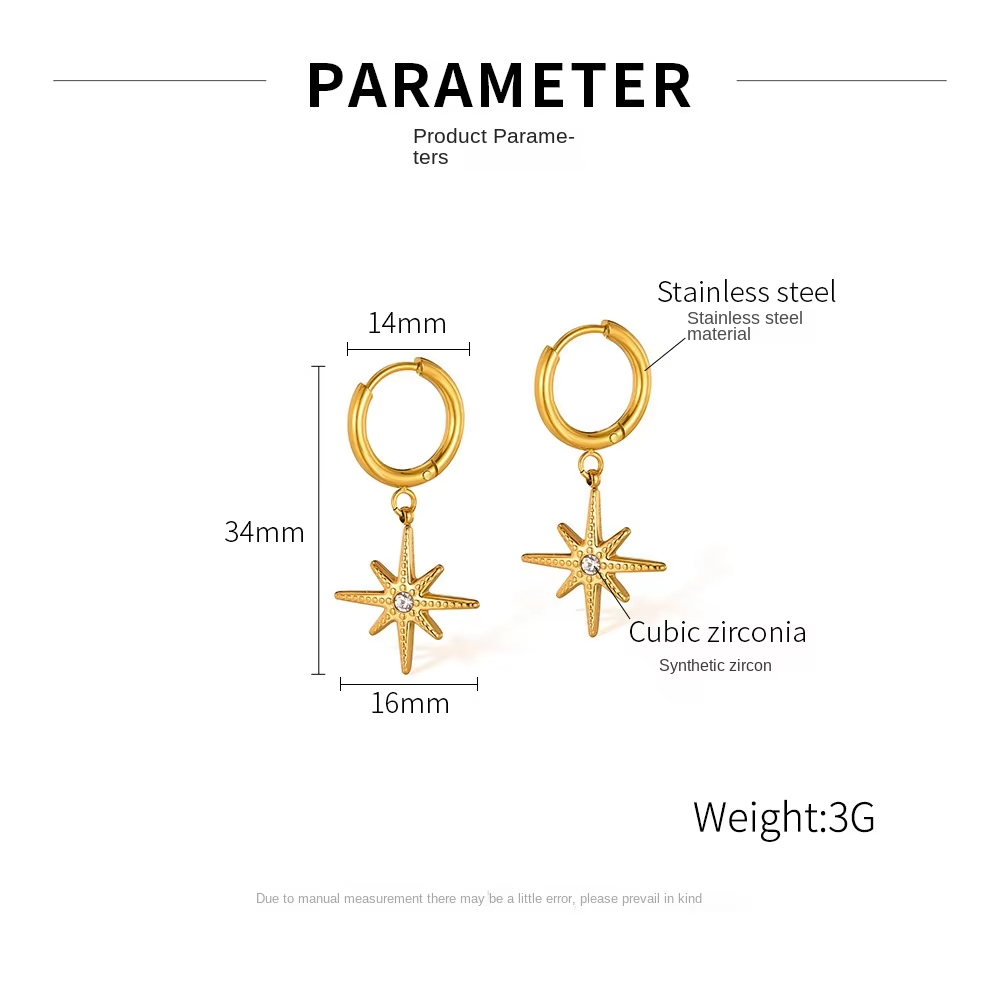 Valiana Classic Minimalist Eight Pointed Star Charm Earrings 18K Gold Plated Waterproof Zircon Women's