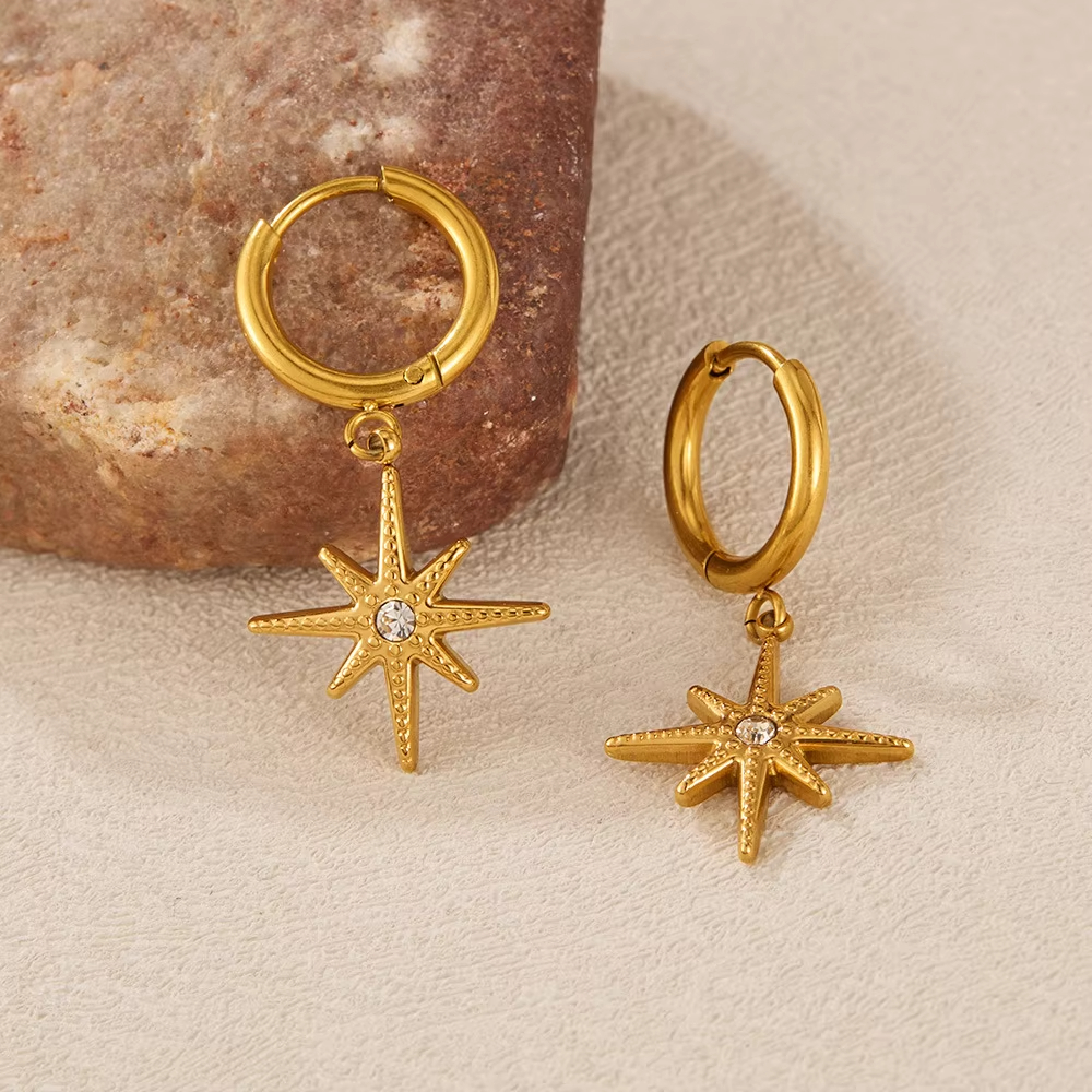 Valiana Classic Minimalist Eight Pointed Star Charm Earrings 18K Gold Plated Waterproof Zircon Women's
