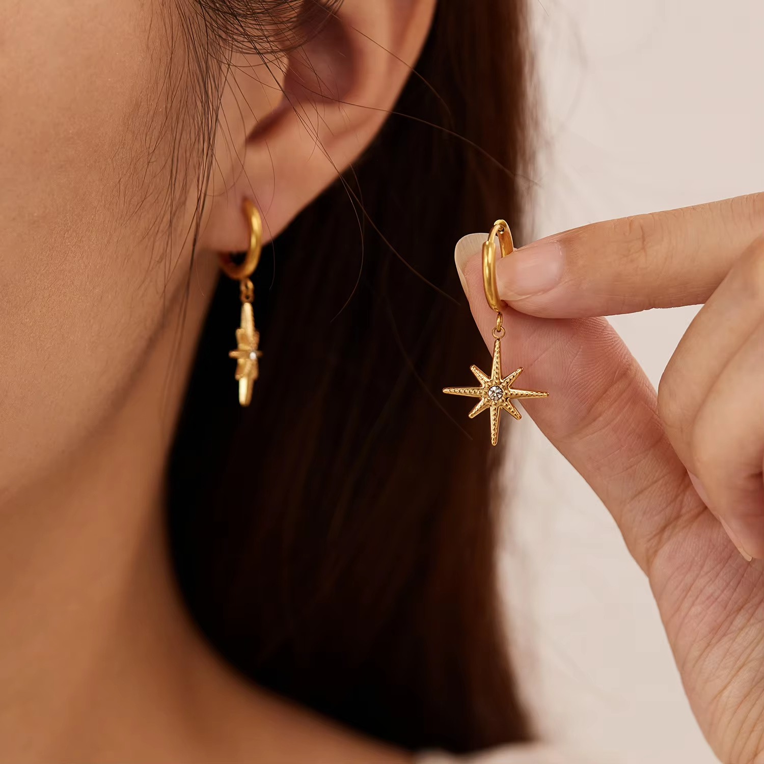 Valiana Classic Minimalist Eight Pointed Star Charm Earrings 18K Gold Plated Waterproof Zircon Women's