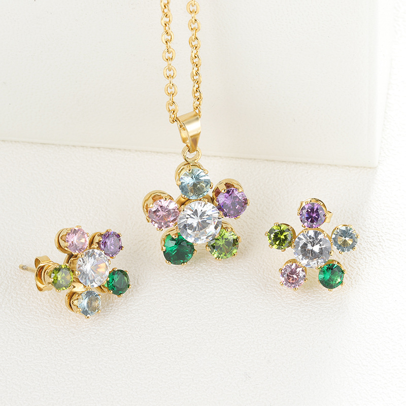 Versatile Multicolor stainless steel jewelry sets with Gold Tone Floral Crystal Necklace and Fashion Earrings