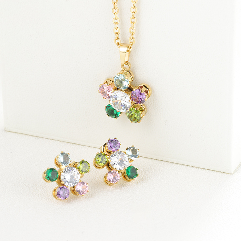 Versatile Multicolor stainless steel jewelry sets with Gold Tone Floral Crystal Necklace and Fashion Earrings