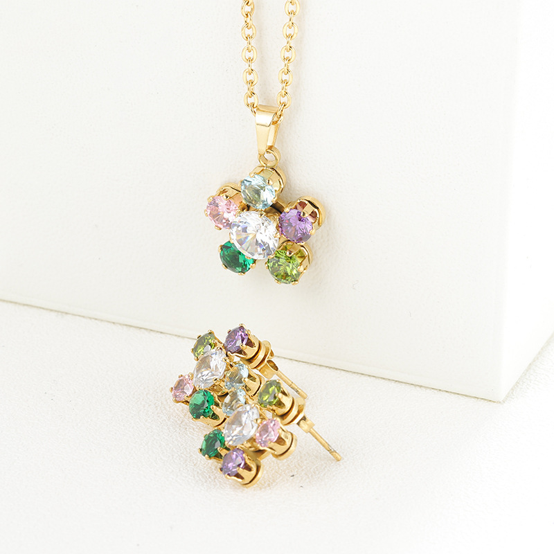 Versatile Multicolor stainless steel jewelry sets with Gold Tone Floral Crystal Necklace and Fashion Earrings