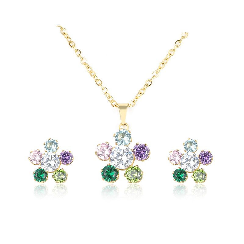 Versatile Multicolor stainless steel jewelry sets with Gold Tone Floral Crystal Necklace and Fashion Earrings