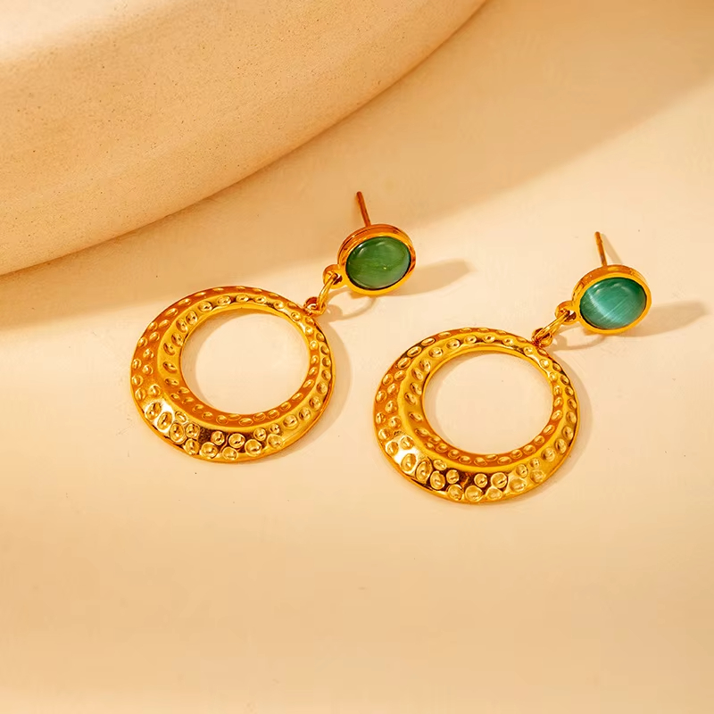 Vintage-Inspired Gold Earrings with Green Stone – Medium Vintage Diamond Earrings, Heart Hoops, Black Opal Earrings, Small Drop Earrings Design – Boho Statement Jewelry