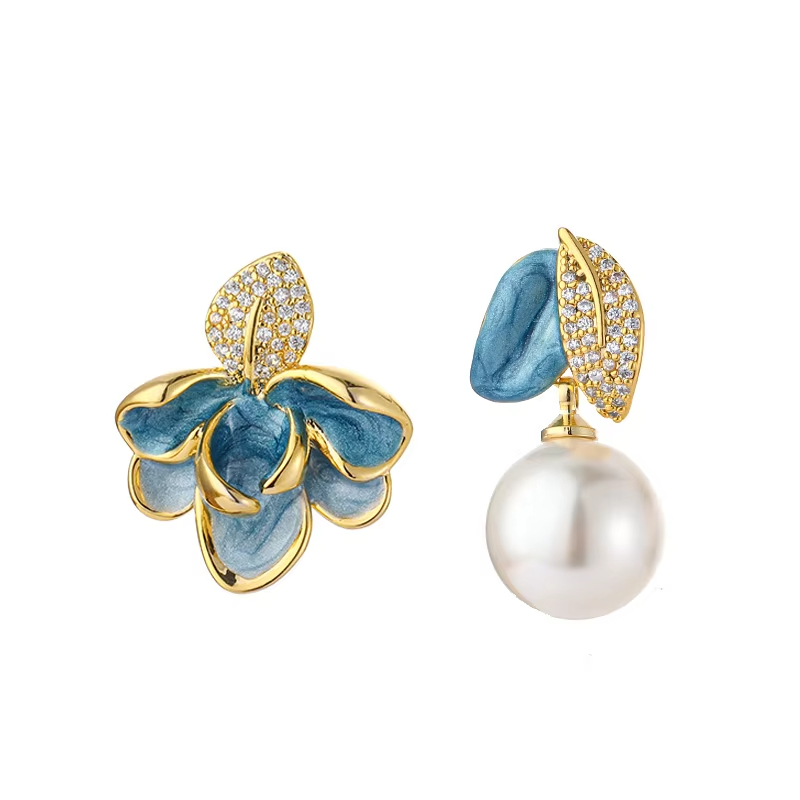 Vintage 14K Gold Plated Temperament Korean Stud Earrings Asymmetrical Imitation Pearl Blue Enamel Flower Fashion Party Earrings