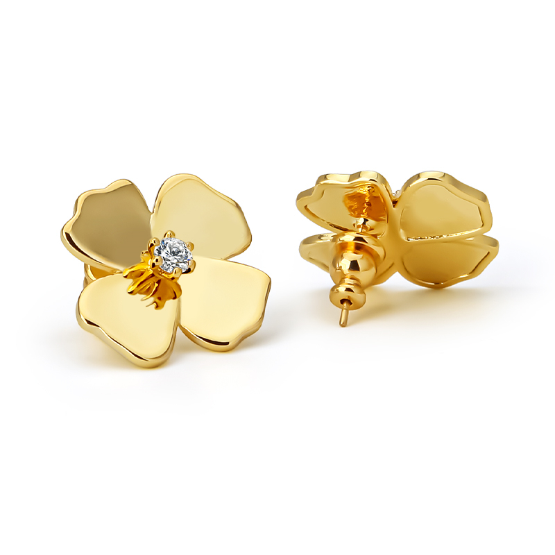 Vintage 18K Gold Plated Brass Flower Stud Earrings with Zircon for Women