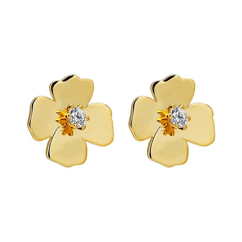Vintage 18K Gold Plated Brass Flower Stud Earrings with Zircon for Women