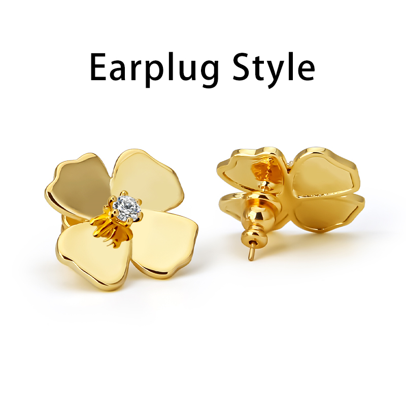 Vintage 18K Gold Plated Brass Flower Stud Earrings with Zircon for Women