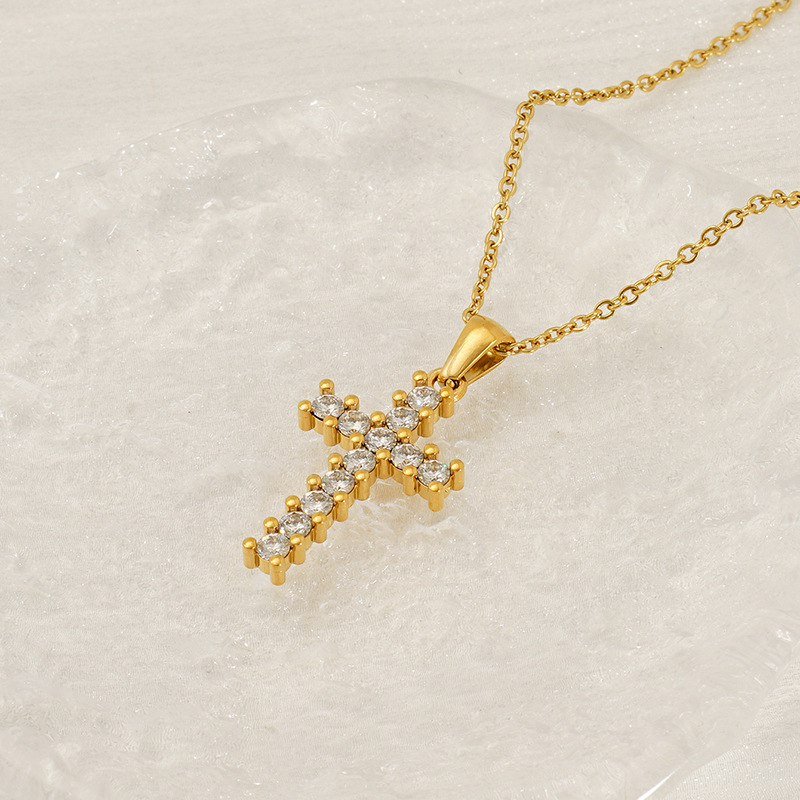Vintage Cross Zircon stainless steel cross jewelry necklace, Waterproof Gold Pendant Fine Jewelry for Women