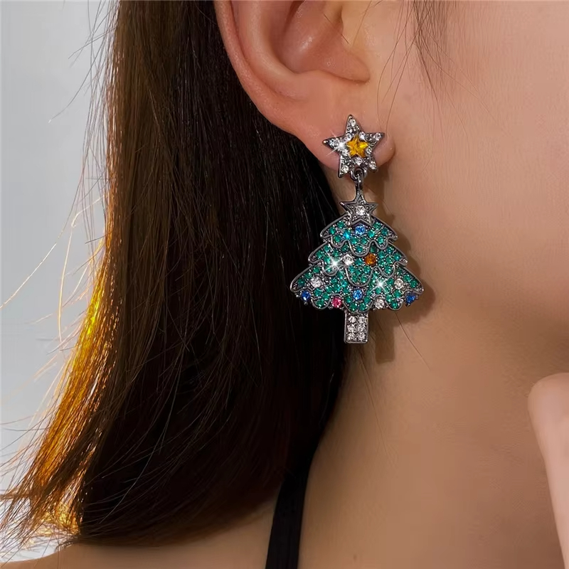 Vintage European-American Style Plant Design Christmas Tree Drop Earrings Colorful