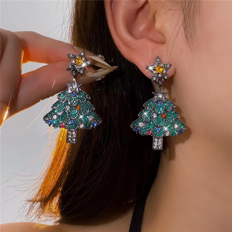 Vintage European-American Style Plant Design Christmas Tree Drop Earrings Colorful