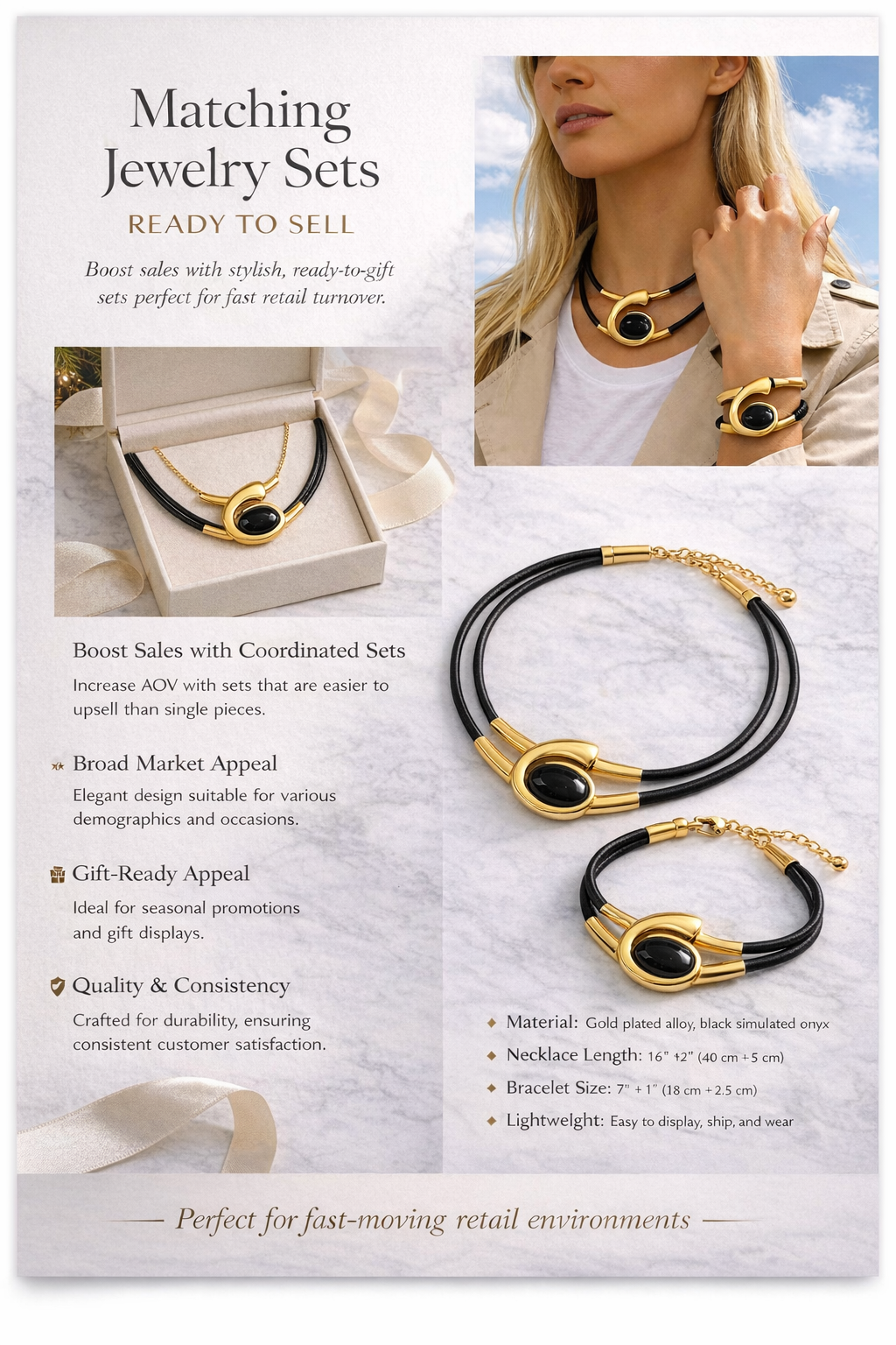 Vintage Geometric Stainless Steel Jewelry Sets Black Stone Necklace and Bracelet Set for Women Elegant Gift