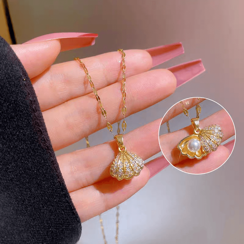 Vintage Gold Shell Pendant Necklace with Hidden Pearl – Romantic Locket Jewelry
