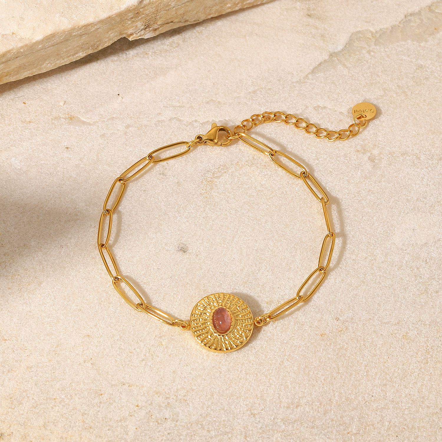 Vintage Style Stainless Steel 18K Gold-plated Women's pink Stone Inlaid Chain Link Charm Bracelet