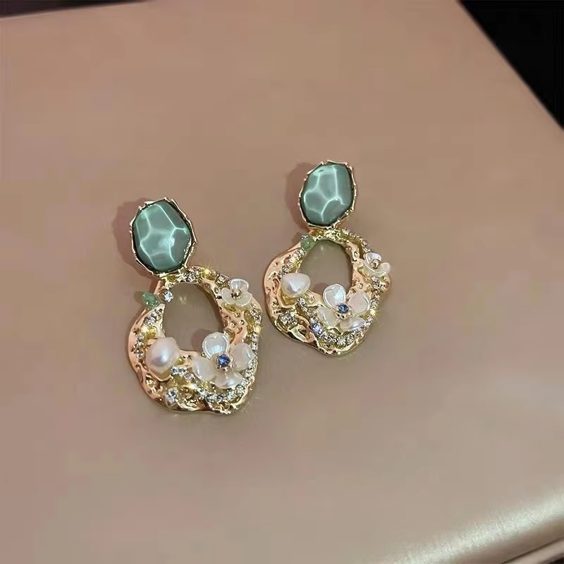 Vintage Style Stainless Steel Jewelry Drop Earrings Square Zircon Flower Pearl Hollow Earrings