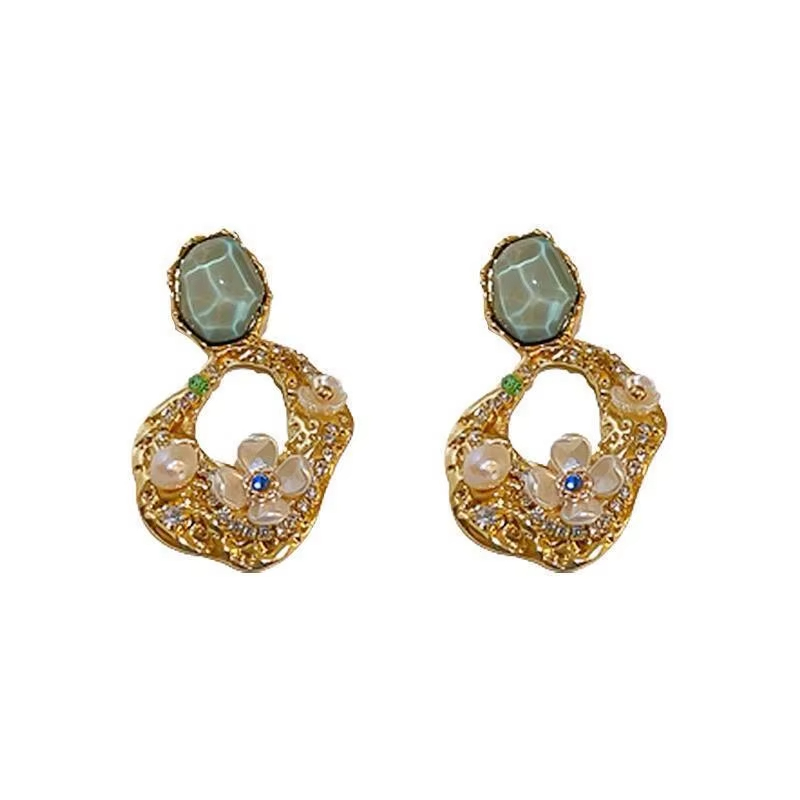 Vintage Style Stainless Steel Jewelry Drop Earrings Square Zircon Flower Pearl Hollow Earrings