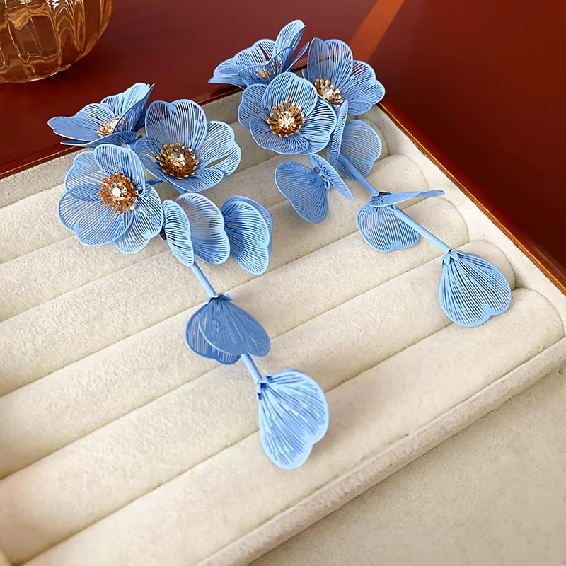 Vintage Trendy Steel Needle Zircon Flower Petal Tassel Alloy Earring for Girls