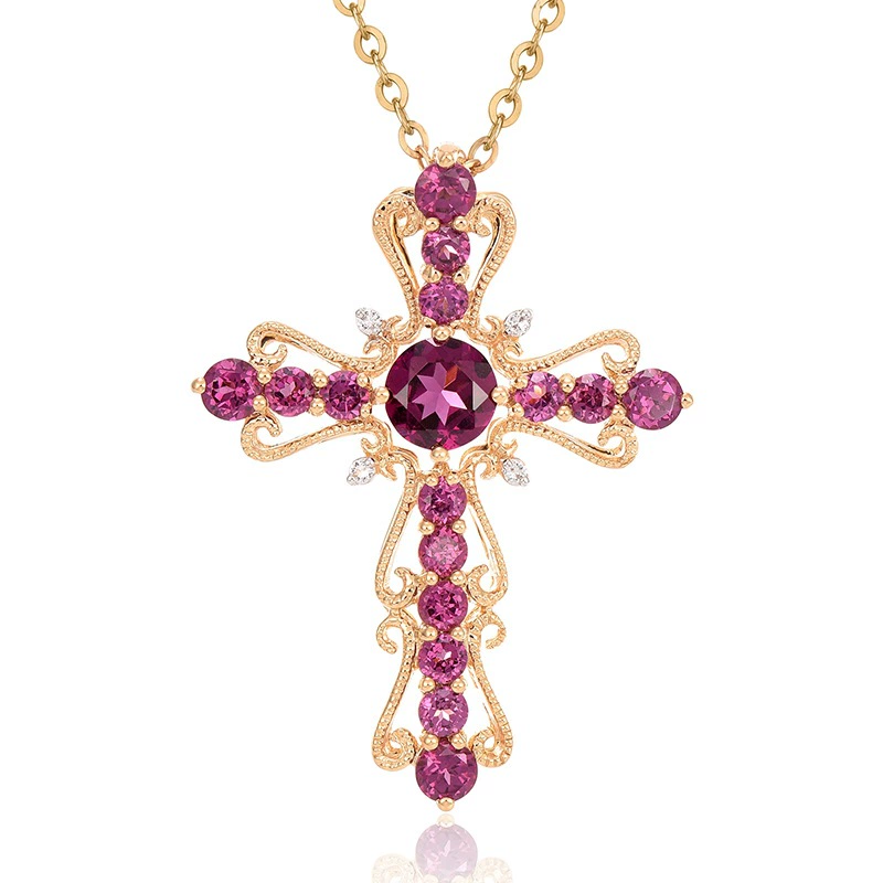 Vintage Ruby Cross Pendant Necklace – Gold-Plated Retro Religious Jewelry for Women