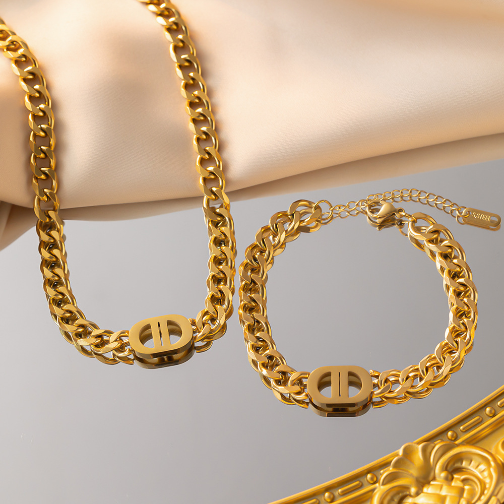 Water Proof 18k Gold Silver Plated Cuban Link Chain Chunky Necklace Bracelet Stainless Steel Fine Fashion Jewelry Sets Women