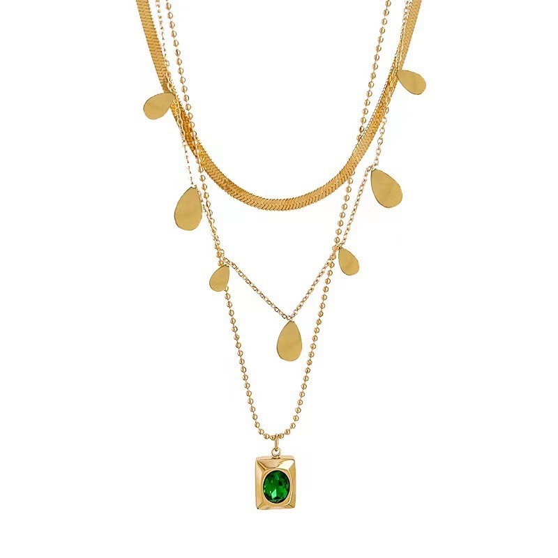 Triple Layer Gold Plated Titanium Steel Necklace with Teardrop Charms and Emerald Green Pendant