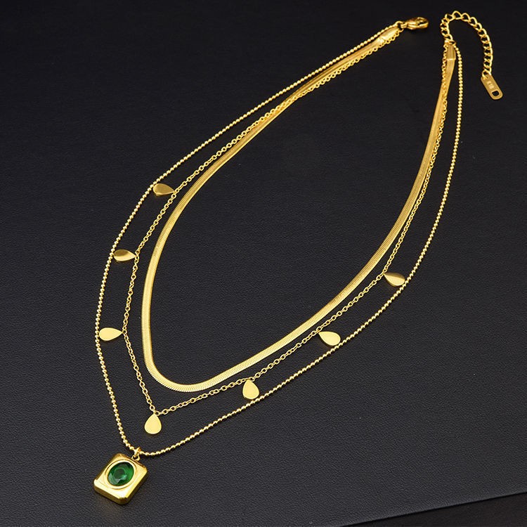 Triple Layer Gold Plated Titanium Steel Necklace with Teardrop Charms and Emerald Green Pendant
